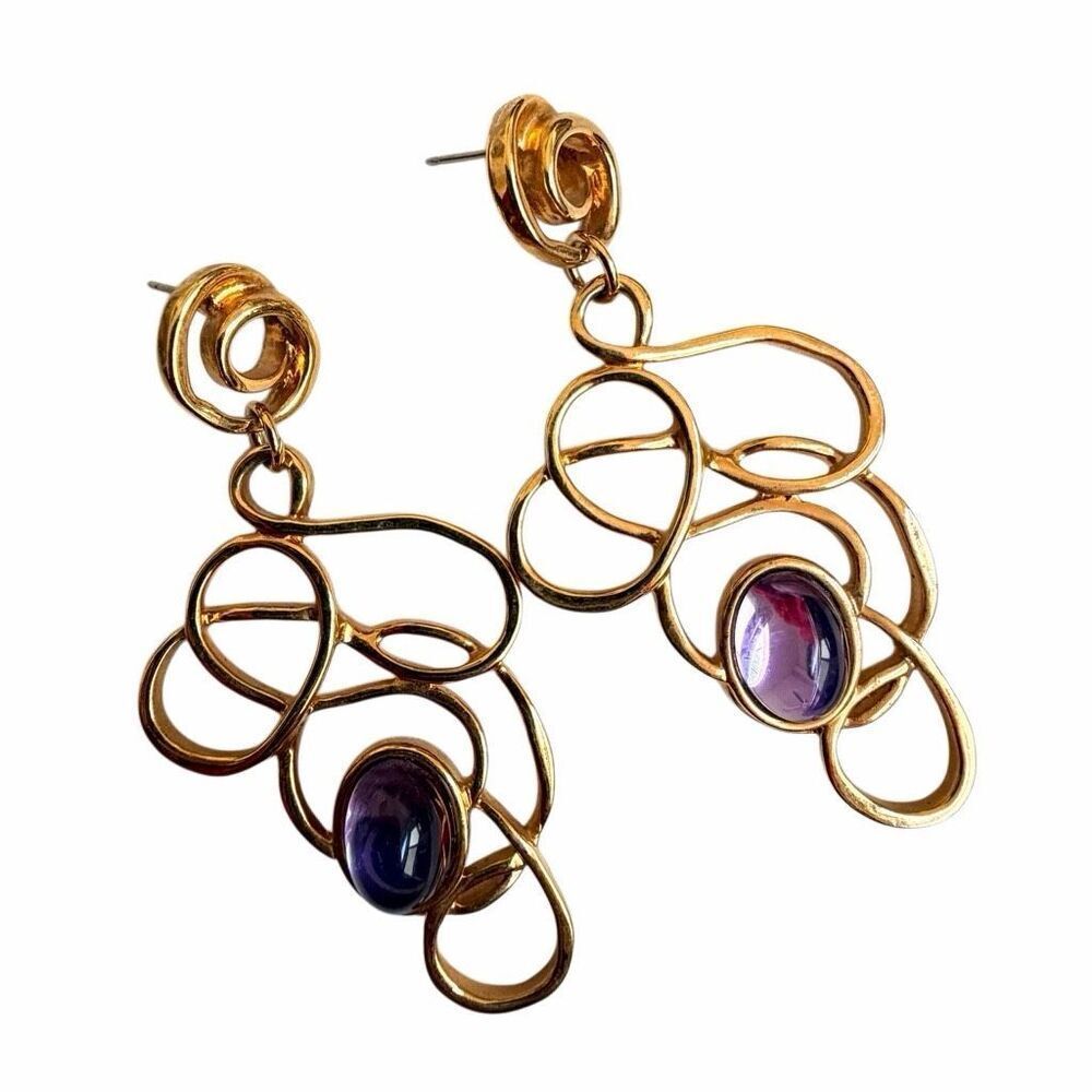 Avon Golden Web Gold Tone Purple Cabochon Dangle Earrings